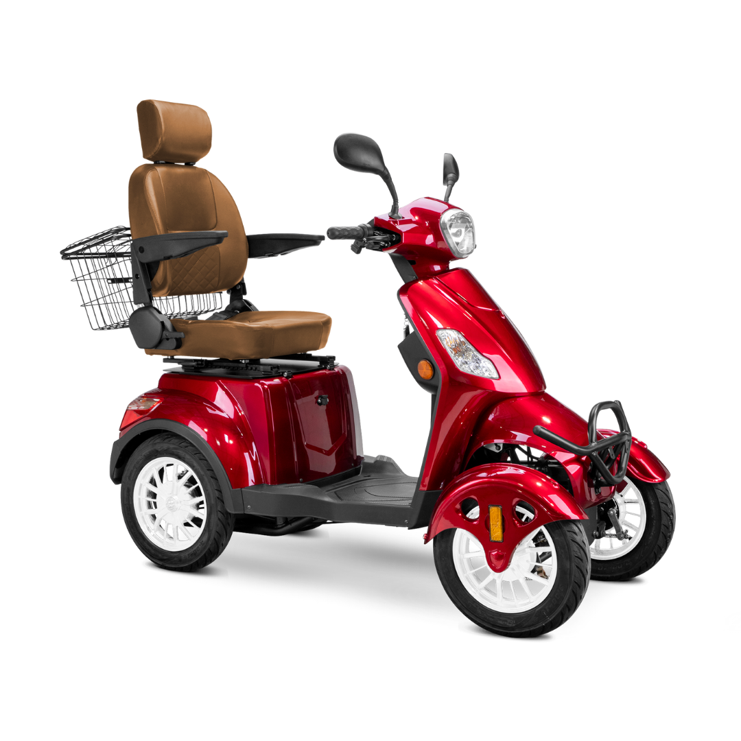 The Bespoke Prestige Recreational 4-Wheel Scooter, featuring a shiny red finish, high-backed brown adjustable seat with armrests, front headlight, handlebars, and a rear wire basket, is displayed on a white background.